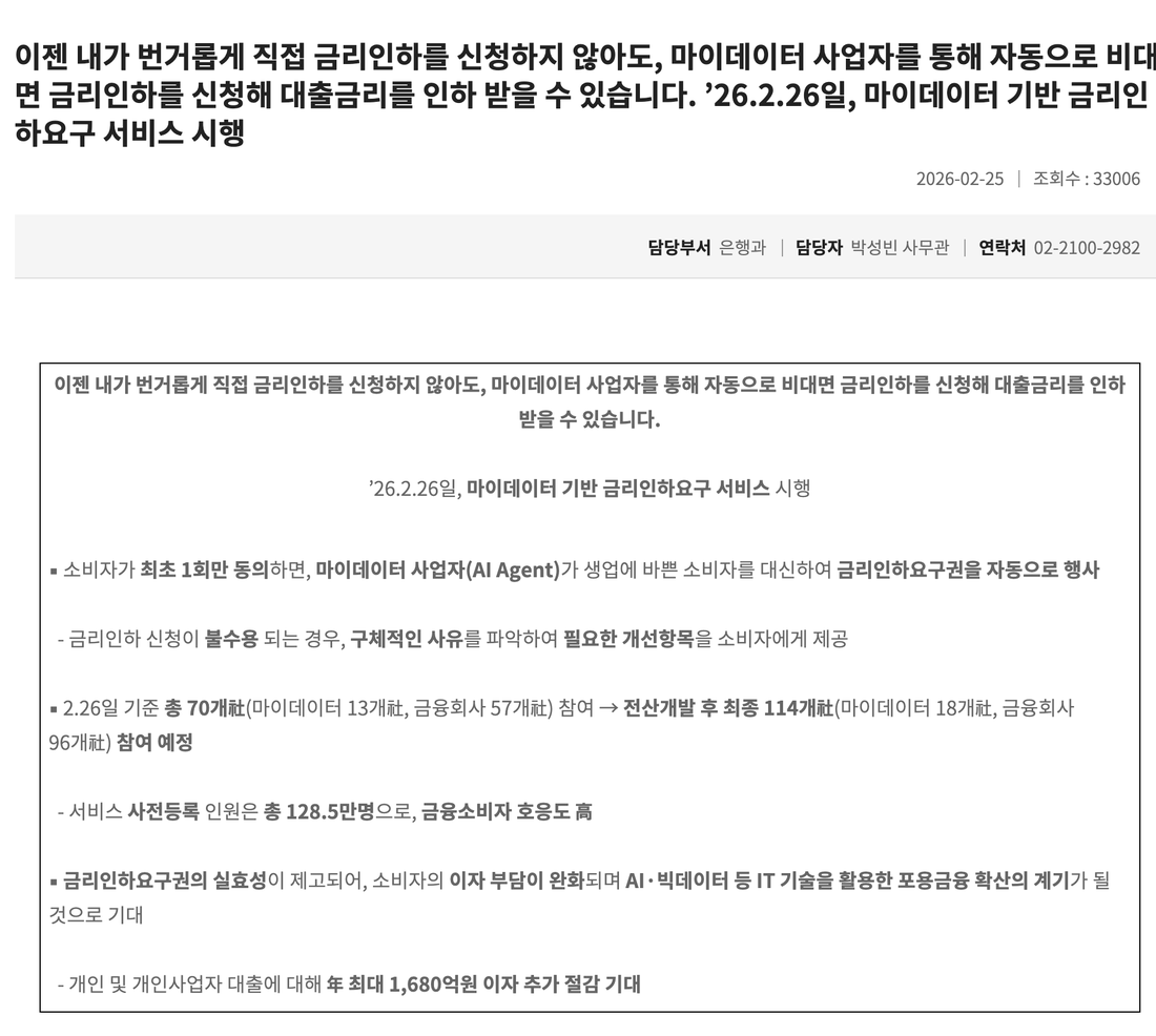 금융위원회-마이데이터-기반-금리인하요구-서비스-시행-보도자료