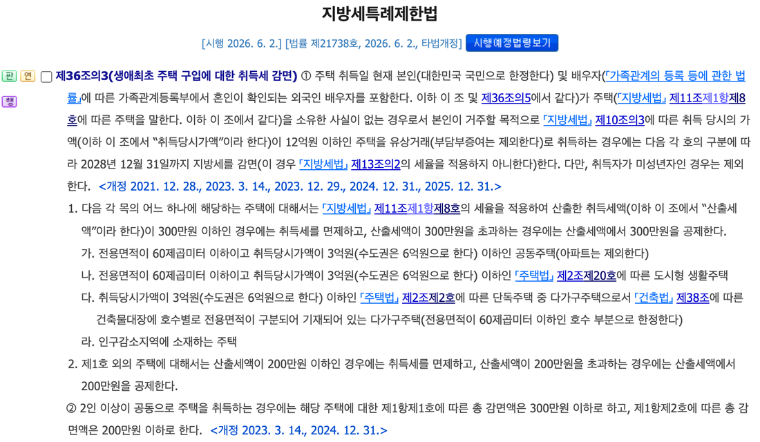 지방세특례제한법-제36조의3-제1항-제2항-생애최초-주택-취득세-감면-대상-한도-2028년-기한