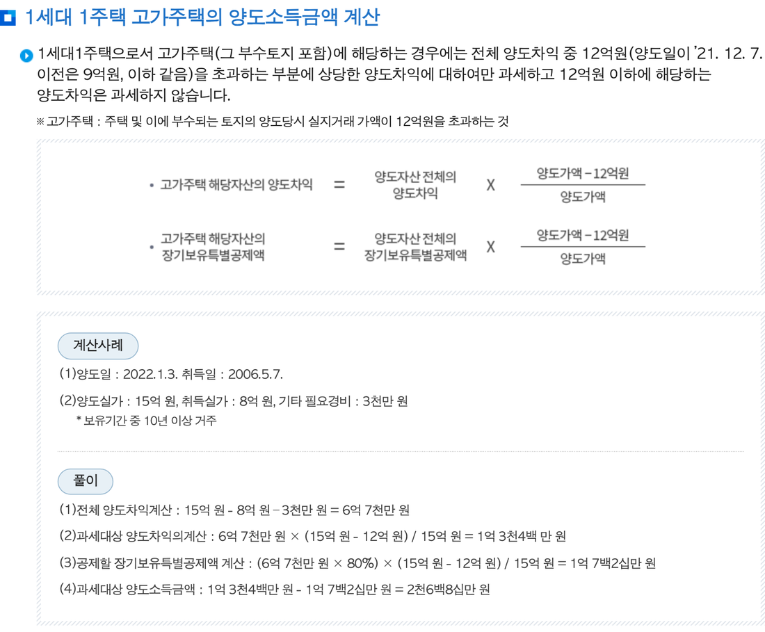 국세청-1세대1주택-고가주택-양도차익-계산식과-사례